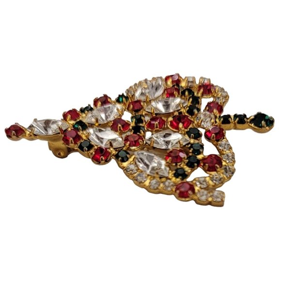 Gold Tone Red Green Clear Prong Set Rhinestone Christmas Tree Brooch Pin K582 - Picture 2 of 7